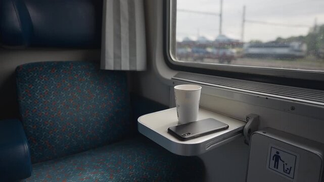 Interior of a passenger train with a coffee cup and a smartphone resting on a foldable table next to the window, capturing the motion