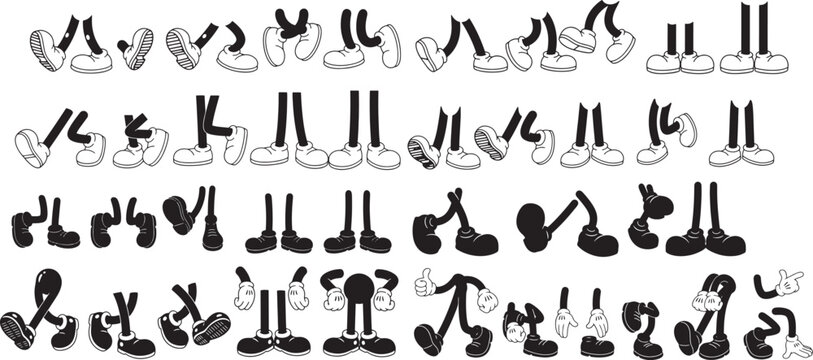 Collection of minimalist cartoon legs and feet in various walking poses