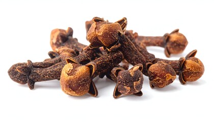 Obraz premium Close-up of dried, brown spice buds in a small pile. The textured buds have round heads and slender stems, set against white