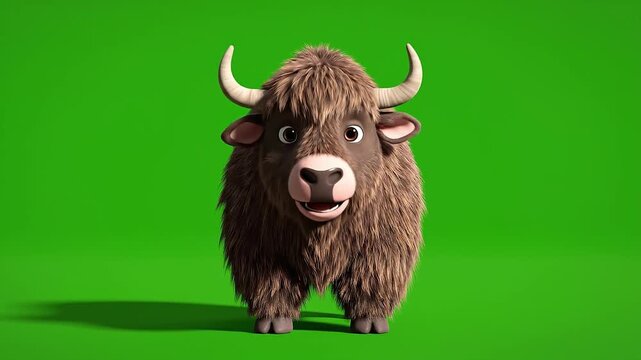 A cute cartoon yak stands on green ground looking directly at viewer with horns and furry body.