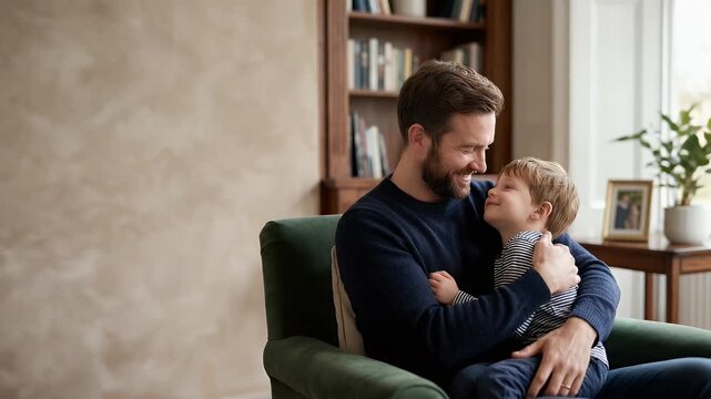 Capture a heartwarming moment of a father embracing his son in a cozy living room, with a slow pan revealing gentle ambient motion, creating a cinematic atmosphere of family love and connection.