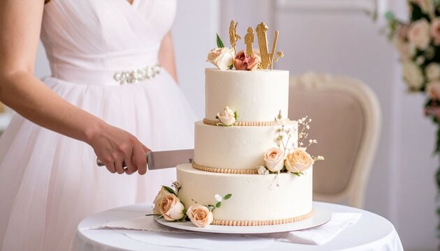 Bride cuts wedding cake with floral design