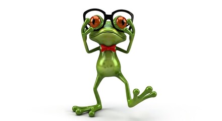 Obraz premium 3D Rendered Green Frog Character with Glasses and Bow Tie.