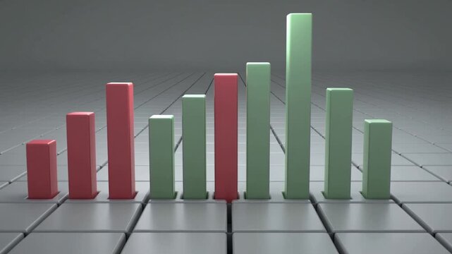 Animation starting central bar cluster rising along seam on glossy tiles, green overtaking red