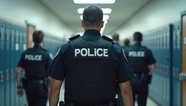 Police officers walk down school hallway past rows of blue lockers. They wear tactical vests and uniforms, suggesting security presence. This scene implies safety and order within educational setting.