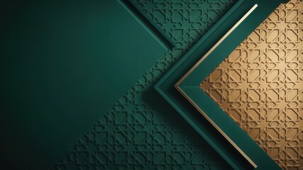 Fototapeta premium Emerald Green and Gold Geometric Pattern Background with Islamic Motifs and Copy Space