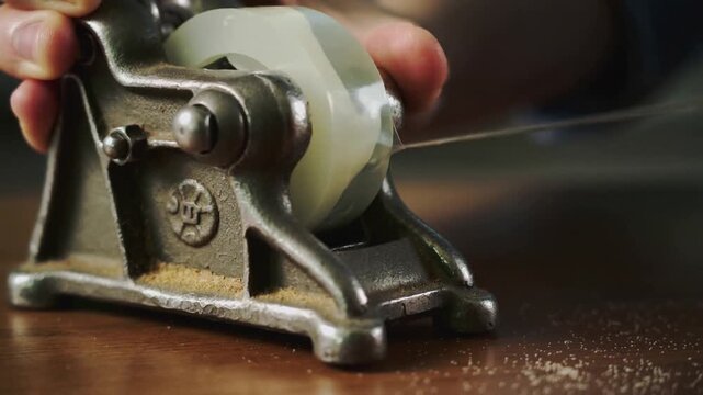 Steadying hands, operator pulling clear tape to serrated cutter on metal dispenser, tearing debris