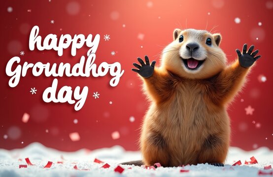 Happy Groundhog Day banner with a cheerful groundhog waving its paws. Festive snow and confetti surround the adorable rodent in celebration. Winter holiday.