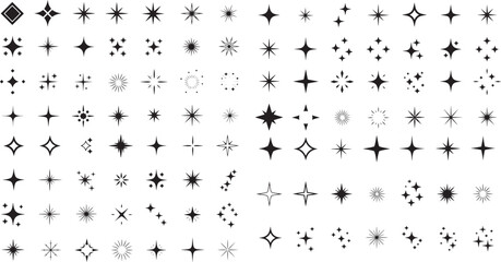 Fototapeta premium Minimal star sparkle icons set, geometric twinkle shapes vector collection