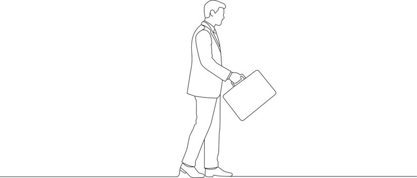 Continuous one line drawing of businessman carrying briefcase. Editable stroke outline style. Draw thin linear width. Doodle hand drawn vector illustration