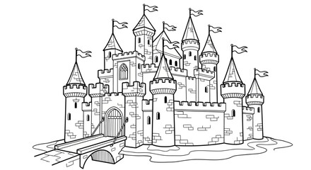 Black and white illustration of a fairy tale castle with flags. © verikans