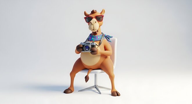 Funny cartoon camel character sitting on a chair with sunglasses and camera.