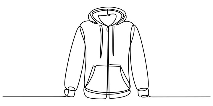 A single continuous line drawing of a casual zip up hoodie jacket isolated on a plain background. Vector, illustration