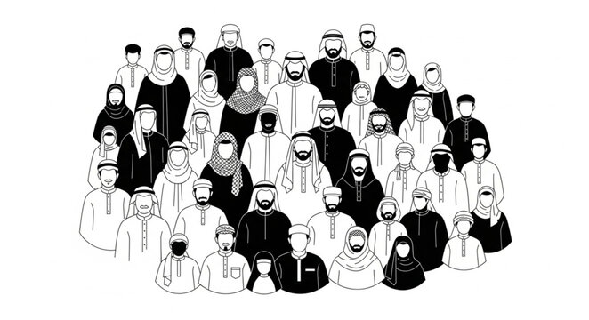 Group of Arab men in traditional attire, portrait illustration.