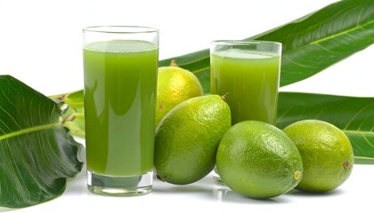 Fototapeta premium Two glasses of green-colored juice are near a cluster of ripe limes and large, vibrant green leaves on a white surface