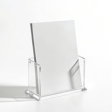 Clear acrylic holder displays blank white paper sheet on desk. Modern office organizer for flyers brochures leaflets. Minimalist transparent stand for business info on white background.