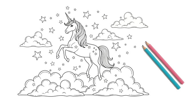 Magical unicorn jumping over clouds coloring page for kids