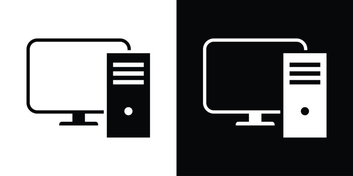 Modern desktop computer icon featuring a monitor and a vertical CPU tower. Clean black and white vector symbol for personal computing, workstation hardware, and office technology solutions.