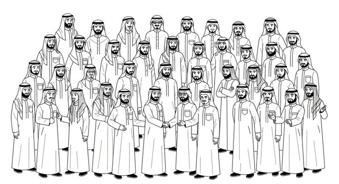 Group of Arab men in traditional attire, posing for a portrait.