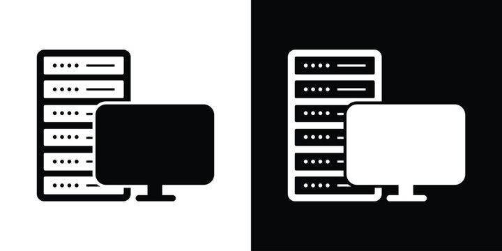 IT infrastructure icon displaying a stack of servers next to a computer monitor. Ideal for representing data centers, database management, web hosting, and mainframe administration.