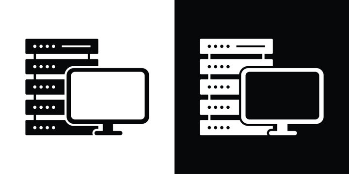 IT infrastructure icon displaying a stack of servers next to a computer monitor. Ideal for representing data centers, database management, web hosting, and mainframe administration.