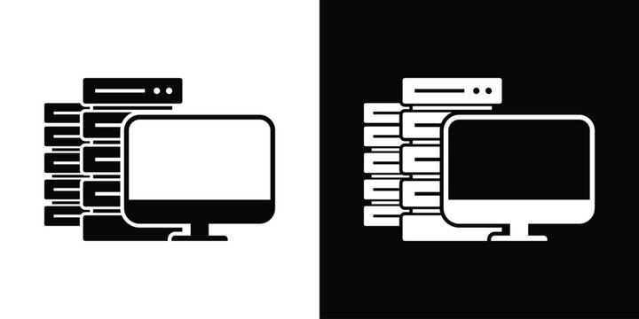 IT infrastructure icon displaying a stack of servers next to a computer monitor. Ideal for representing data centers, database management, web hosting, and mainframe administration.