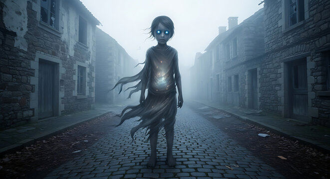 A ghostly child stands eerily on a foggy cobblestone street surrounded by old buildings.