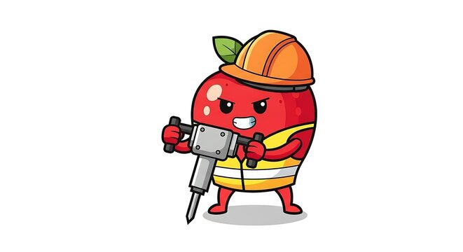 A cartoon apple character, wearing a hard hat and safety vest, holds a jackhammer with an intense expression