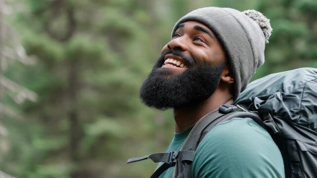 Smiling man with a beard wearing a hat hiking through the woods in a forested area. Hiker's outfit and backpack.