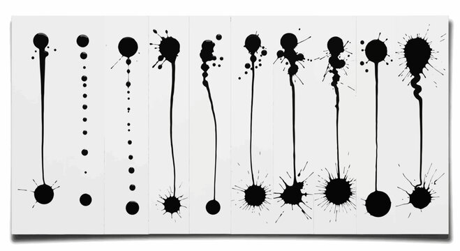 Sequence of ten unique black ink drips and splatters arranged vertically on a clean white background