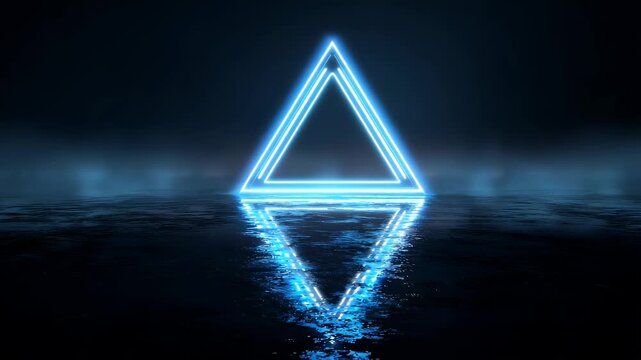 Abstract neon blue triangle glowing on dark reflective wet floor with fog background loop for creative visual projects cinematic motion graphics digital art scenery futuristic virtual space.
