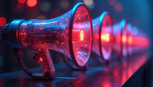 Line of futuristic transparent megaphones emits red and blue light. Circuit board patterns glow within transparent megaphone bodies. Digital sound concept visuals.