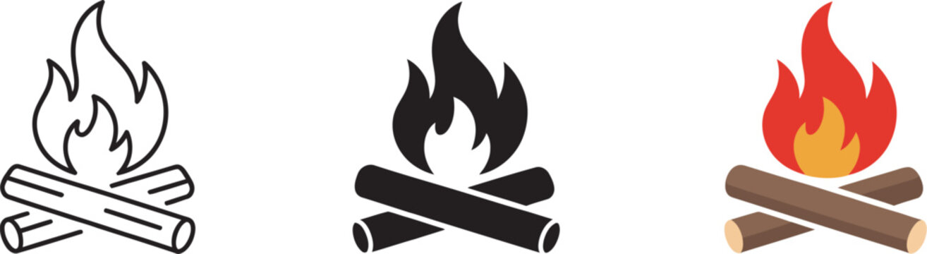 Campfire icon, outdoor bonfire vector, flames burning firewood, camping and survival sign, wilderness adventure heat source, pictogram design