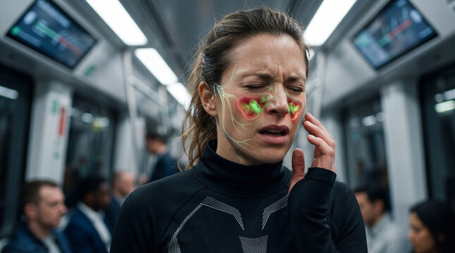 Woman suffering from sinus pain and facial inflammation on public transport. Sinusitis health concept showing infection and congestion in the cheek area. Medical illustration of illness.