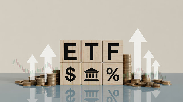 Exchange Traded Fund concept with wooden blocks coins and rising arrows depicting financial market growth and investment returns on a bright clean stu