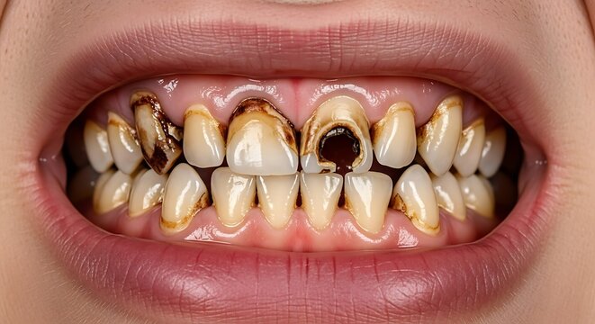 Severe Dental Decay - A Close-Up View of Damaged Teeth.