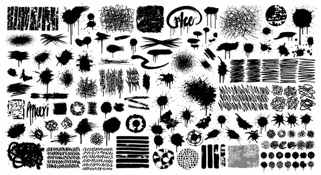 A collection of black ink splashes, splatters, drips, brush strokes, and grunge textures on a white background.