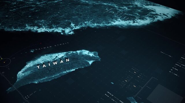 Global satellite surveillance map, military intelligence interface, geopolitical data visualization, cyber warfare concept, strategic monitoring, dark cinematic tech background : Taiwan