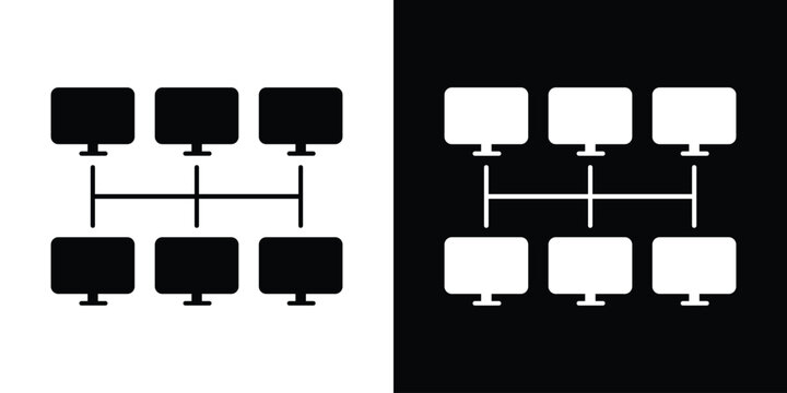 Professional network topology icon showing a master computer connected to three workstations. Minimalist vector design representing local area networks, distribution, and IT infrastructure.