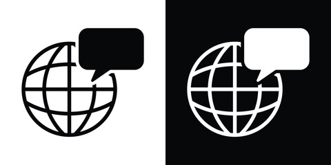 Vector illustration of a wireframe globe with a speech bubble. Represents international communication, global language support, world news, and social networking. © bibin