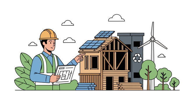 Engineer analyzing eco-friendly house design with renewable energy elements