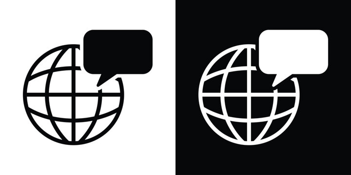 Vector illustration of a wireframe globe with a speech bubble. Represents international communication, global language support, world news, and social networking.