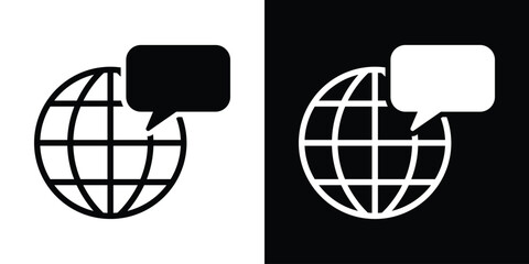 Vector illustration of a wireframe globe with a speech bubble. Represents international communication, global language support, world news, and social networking. © bibin