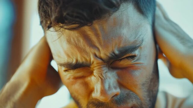 A young man clutching his head with distress on his face. Stress, pain or possibly a headache are suggested by the tight grip on the temples and the grimacing expression.