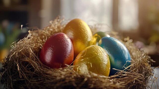 Eggs with different colors in a nest, symbolizing the joy of Easter.