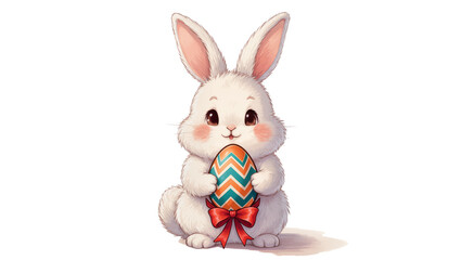 Obraz premium Fluffy white bunny holding colorful Easter egg with red bow