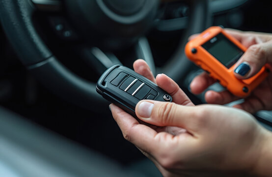 Auto technician programs new car key using electronic device. Hands hold car remote fob and programming tool near car dashboard. Automotive repair service.