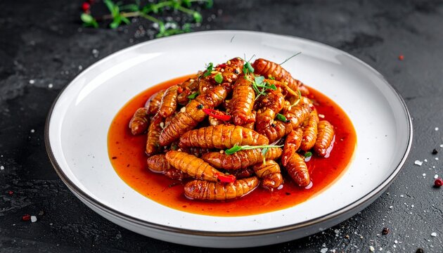 Silkworm pupae. Spicy silkworm pupae served in sauce, an unusual East Asian specialty with a dramatic presentation.