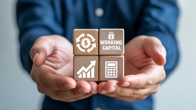 A business professional presents four wooden blocks showcasing vital financial working capital growth and calculation symbols in a crisp well lit sett