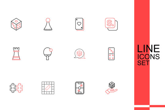 Set line Game dice, Air hockey table, Board game, Puzzle pieces toy, Domino, Racket and Chess icon. Vector